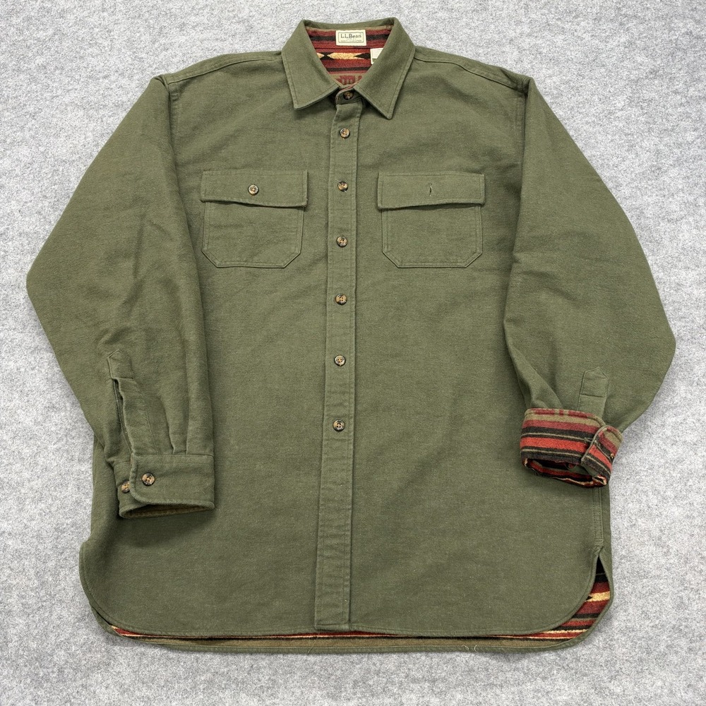 L.L.Bean Mens Large Green Chamois Flannel Lined Southwestern Button Up YT60